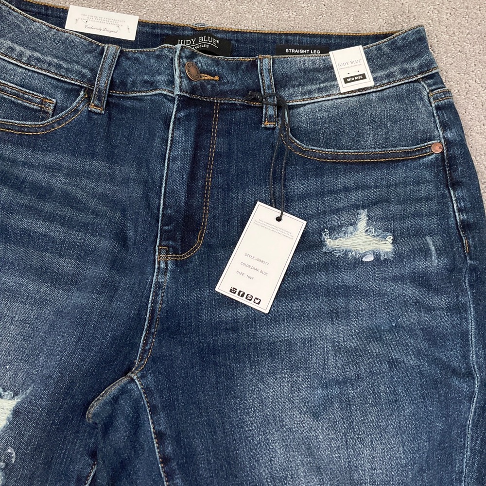 Judy Blue Jeans Women 16W Dark Blue Straight Leg Distressed Ripped JB88517 NWT - Picture 2 of 11